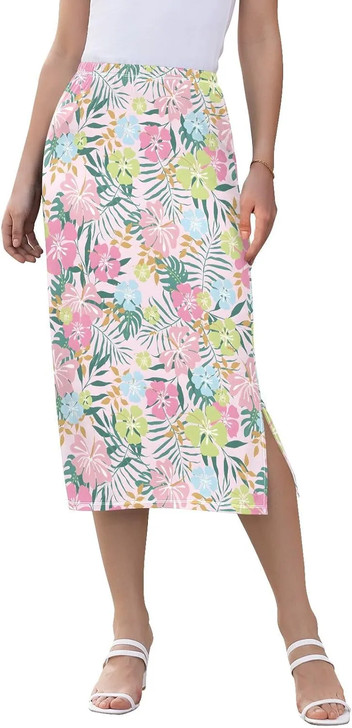Joisal Chic Floral Pink Women Skirts Midi Length Skirt with Slit for Women, Women's Long Skirt Elastic Skirts for Women