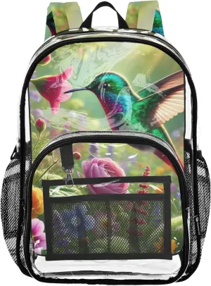Kids Girls Backpack Boys Vibrant Hummingbird Garden Flowers Clear Backpack for Women Pvc Transparent Bags School