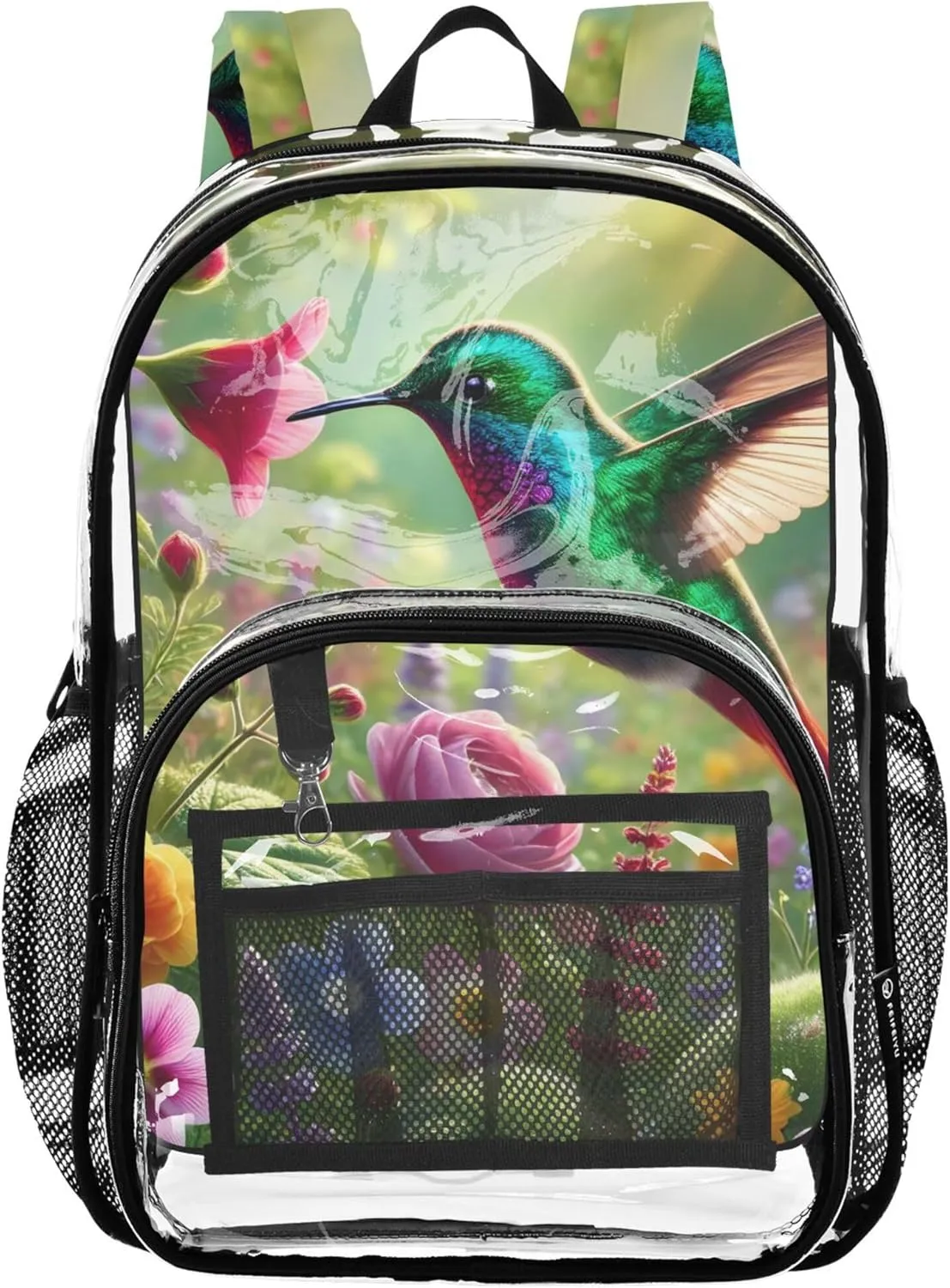 Kids Girls Backpack Boys Vibrant Hummingbird Garden Flowers Clear Backpack for Women Pvc Transparent Bags School