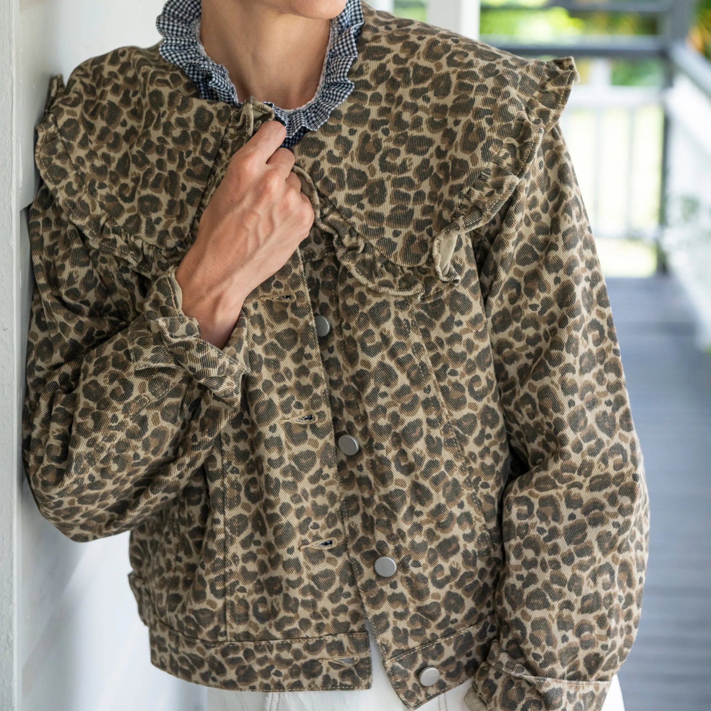 Leopard/Animal Print Denim Jacket Large Peter Pan Collar