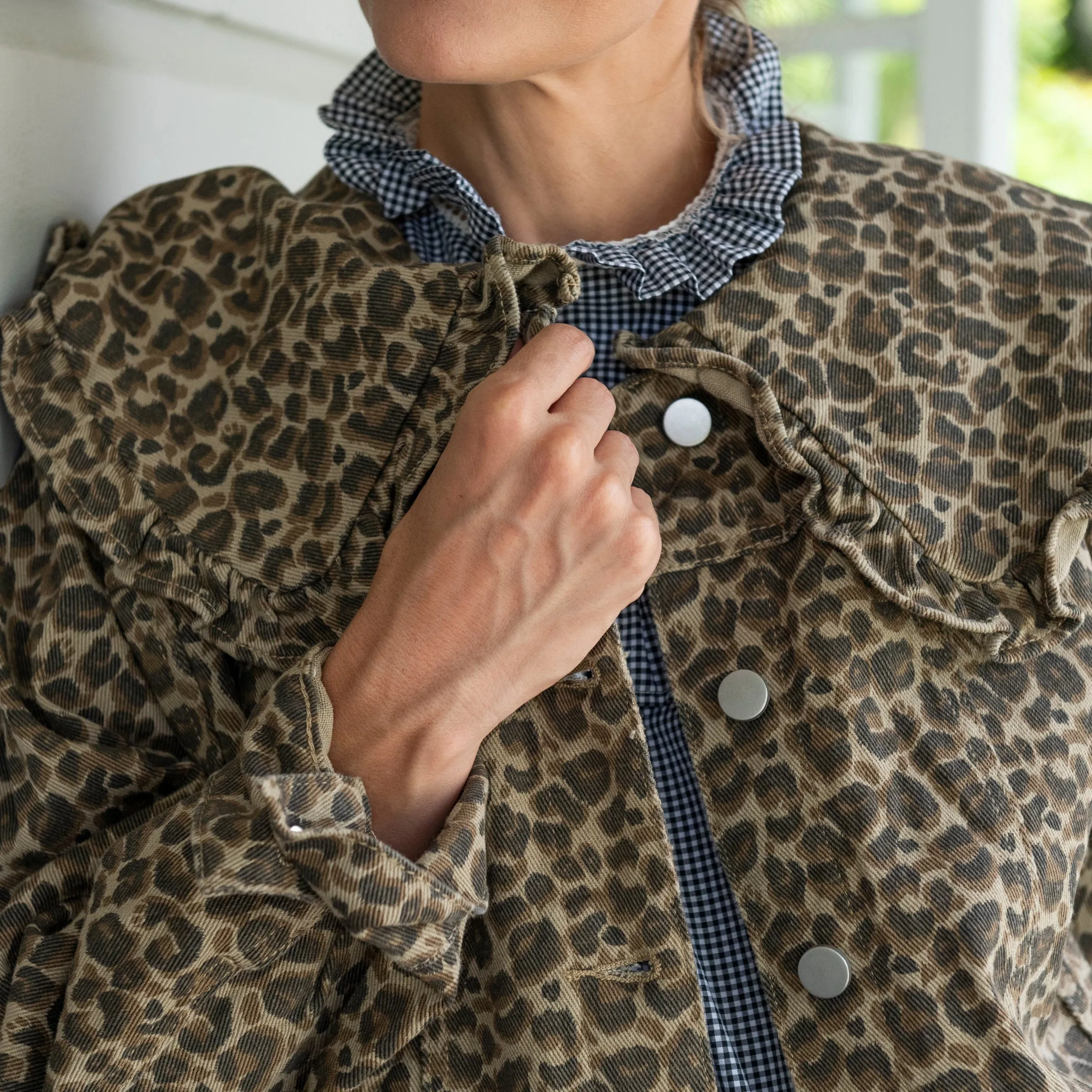 Leopard/Animal Print Denim Jacket Large Peter Pan Collar
