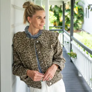 Leopard/Animal Print Denim Jacket Large Peter Pan Collar