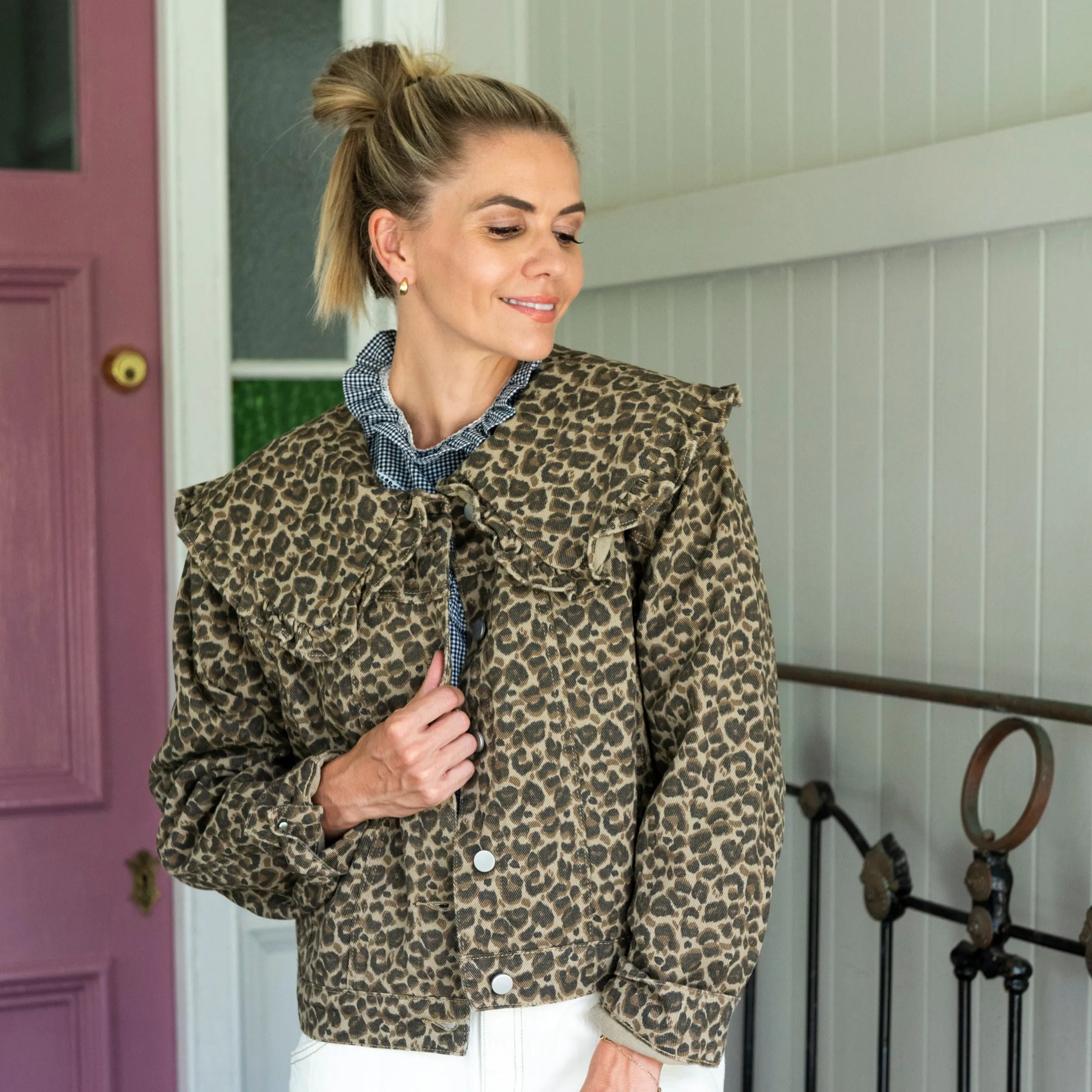 Leopard/Animal Print Denim Jacket Large Peter Pan Collar
