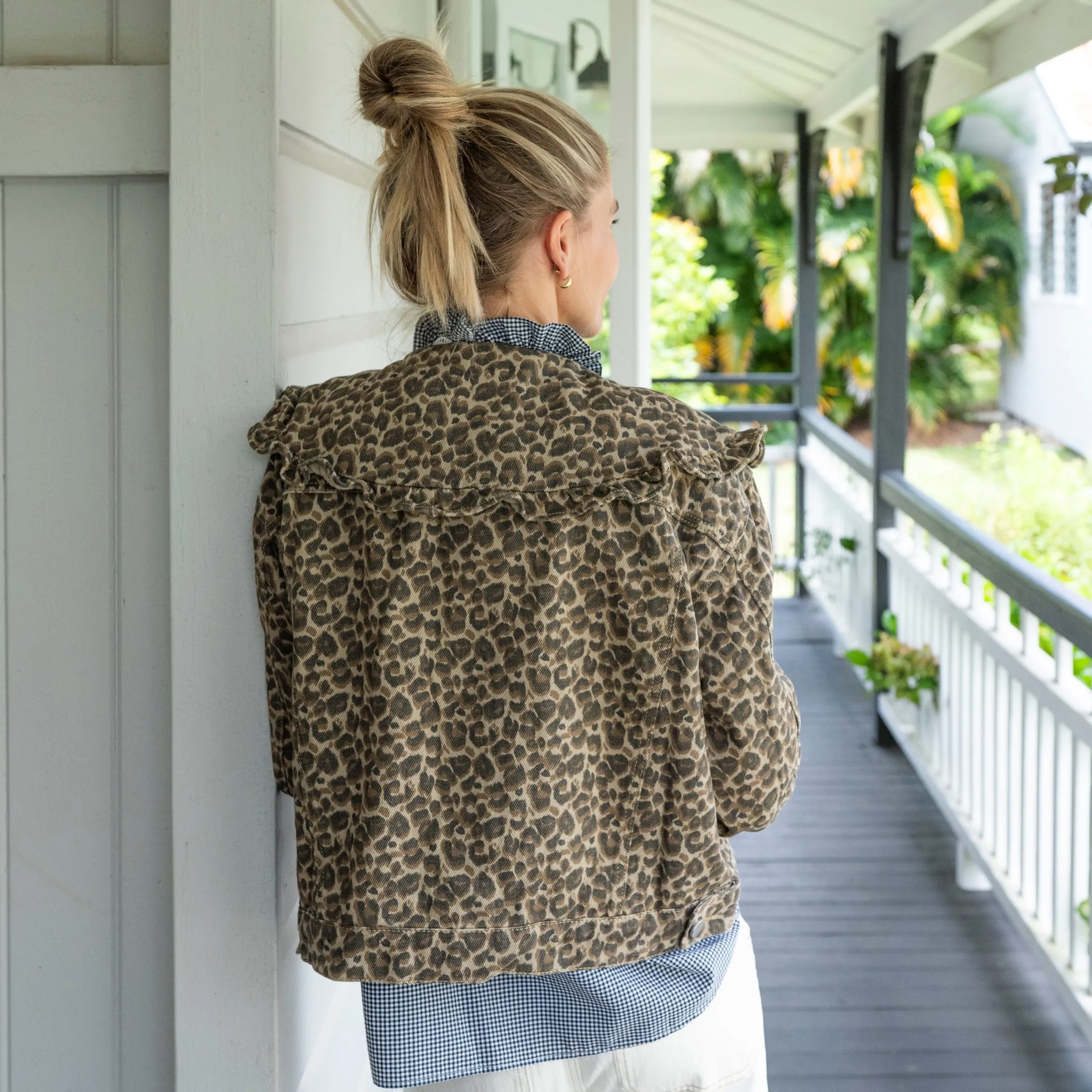 Leopard/Animal Print Denim Jacket Large Peter Pan Collar