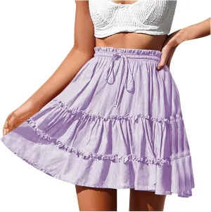 Lightweight Skirts for Women with Drawstring Layered Soft Flowy Swing High Waist Trendy Summer Beach Skirt