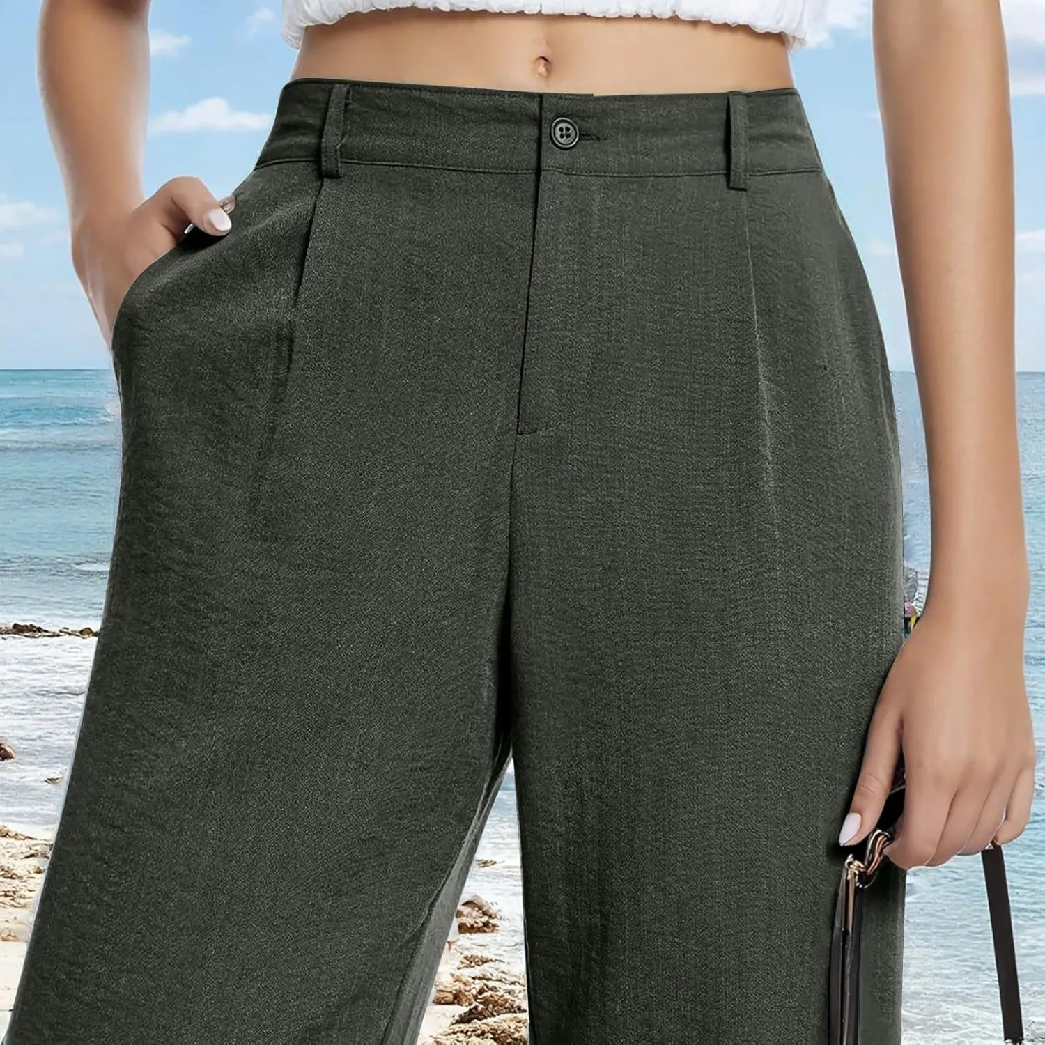 Linen Palazzo Pants for Women Dressy Business Casual High Waisted Teacher Pants Button Down Wide Leg Work Trousers