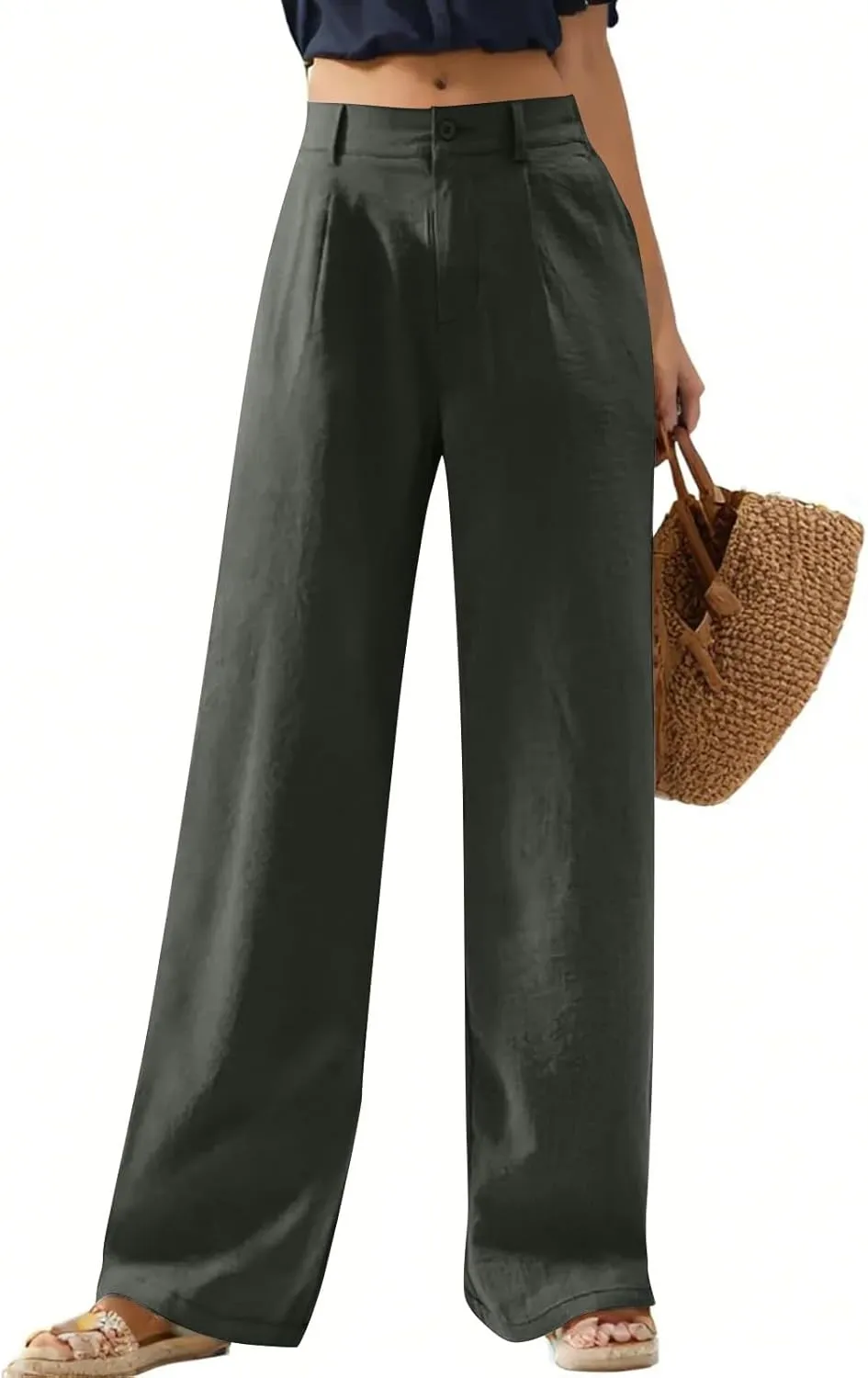 Linen Palazzo Pants for Women Dressy Business Casual High Waisted Teacher Pants Button Down Wide Leg Work Trousers