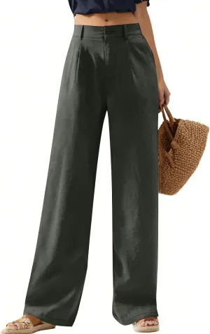 Linen Palazzo Pants for Women Dressy Business Casual High Waisted Teacher Pants Button Down Wide Leg Work Trousers