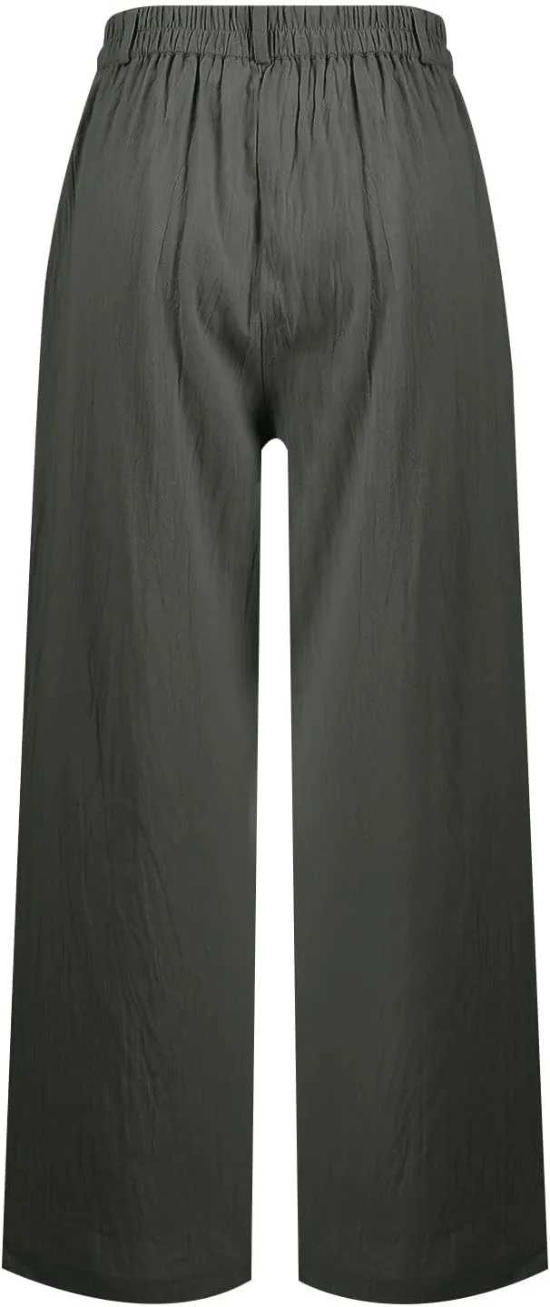 Linen Palazzo Pants for Women Dressy Business Casual High Waisted Teacher Pants Button Down Wide Leg Work Trousers