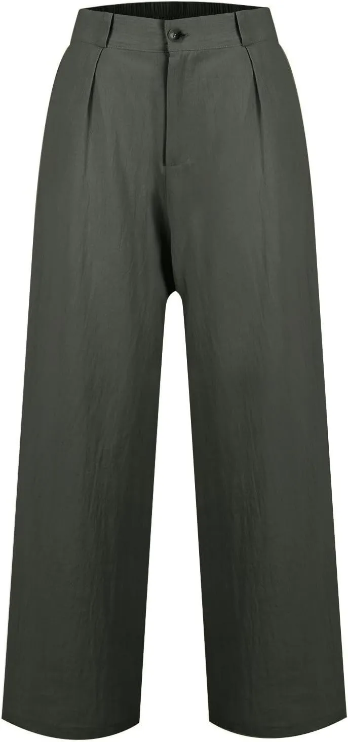 Linen Palazzo Pants for Women Dressy Business Casual High Waisted Teacher Pants Button Down Wide Leg Work Trousers