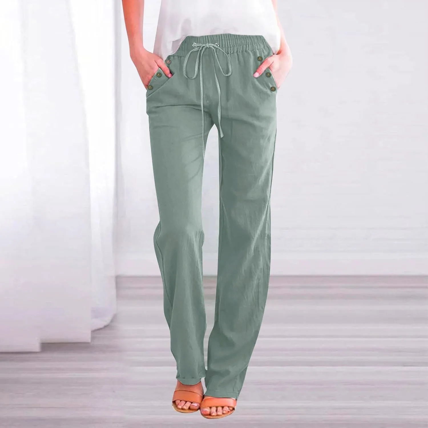 Linen Pants for Women Summer Drawstring Pockets Wide Leg Loose Casual Cotton Linen Palazzo Pants Beach Yoga Pant