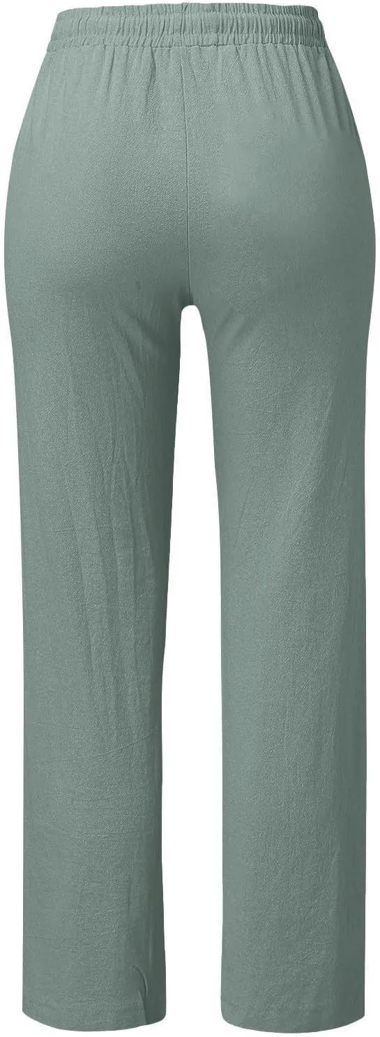 Linen Pants for Women Summer Drawstring Pockets Wide Leg Loose Casual Cotton Linen Palazzo Pants Beach Yoga Pant