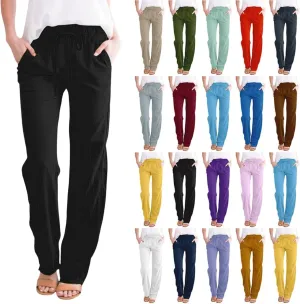 Linen Pants Women High Waist Casual Linen Pants 2025 Summer Drawstring Straight Leg Lounge Trousers with Pockets