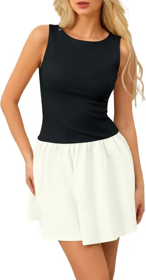 Livtany Women's Sleeveless Mini Dress Ruffle Hem Boat Neck Tank Short Dress Elegant Slim Fit Flowy Summer Beach Sundress