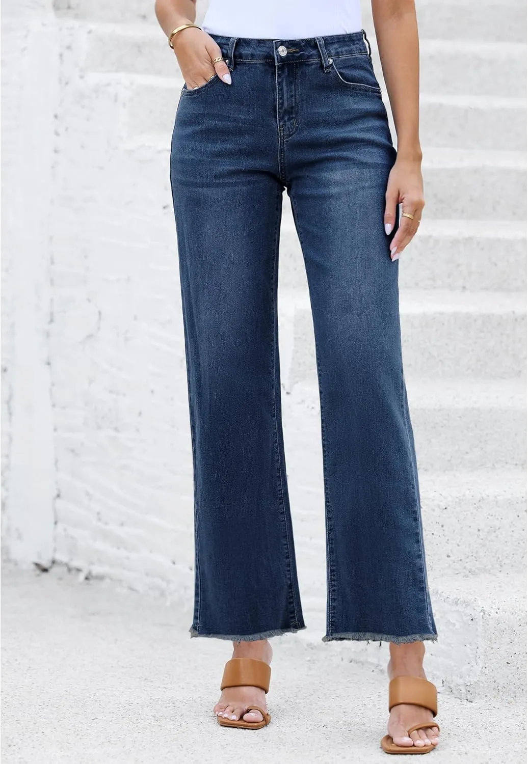 LookbookStore Wide Leg Jeans for Women Trendy High Waisted Straight Leg Frayed Hem Baggy Stretchy Denim Trousers Pants