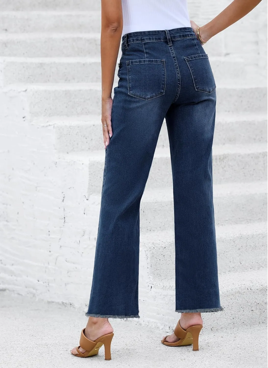 LookbookStore Wide Leg Jeans for Women Trendy High Waisted Straight Leg Frayed Hem Baggy Stretchy Denim Trousers Pants