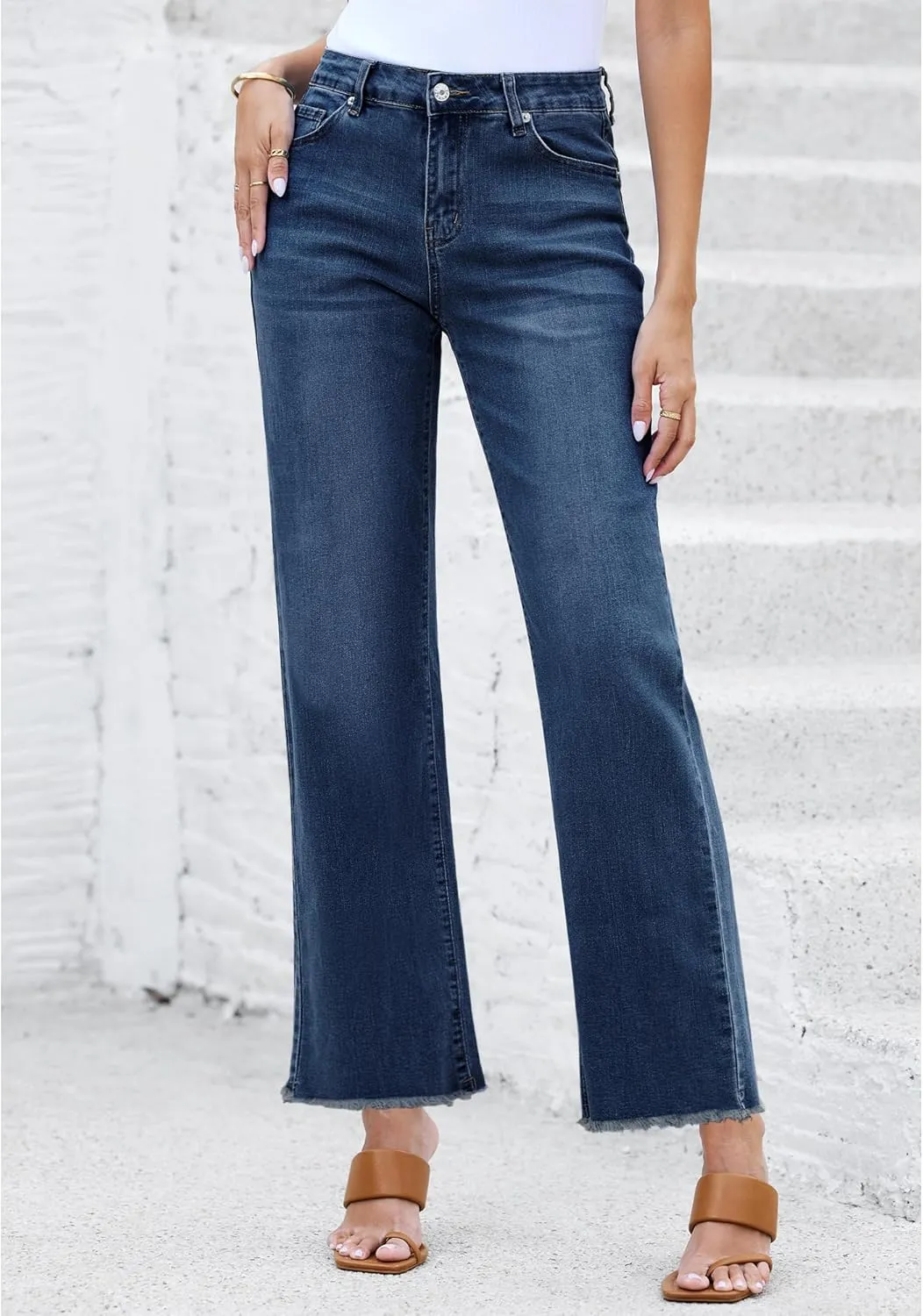 LookbookStore Wide Leg Jeans for Women Trendy High Waisted Straight Leg Frayed Hem Baggy Stretchy Denim Trousers Pants