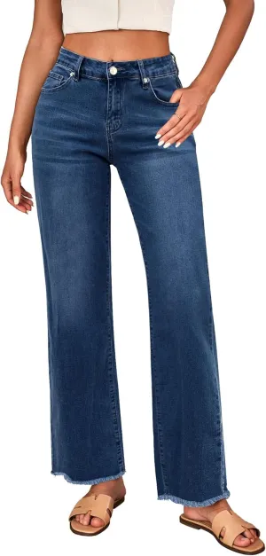 LookbookStore Wide Leg Jeans for Women Trendy High Waisted Straight Leg Frayed Hem Baggy Stretchy Denim Trousers Pants