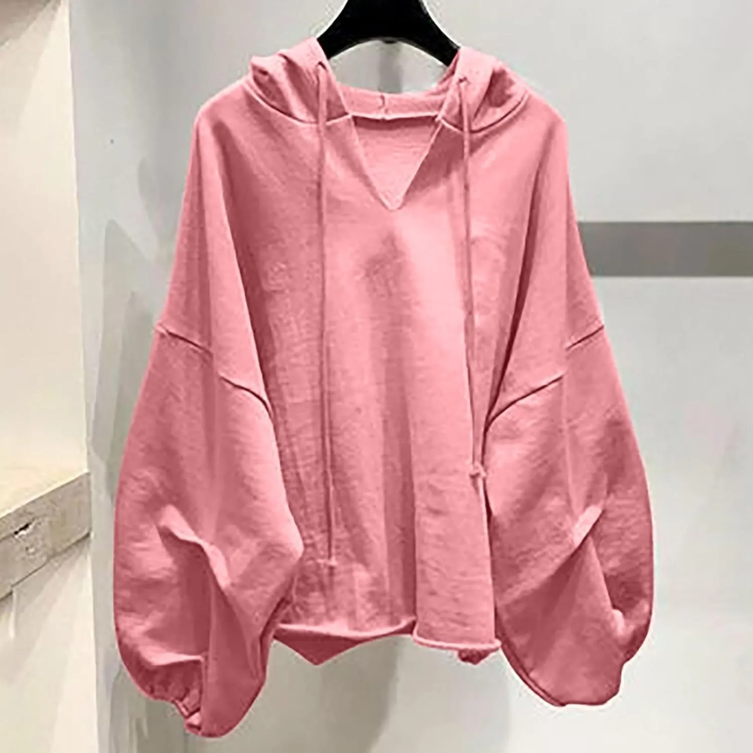 Loose Fit Hoodies For Women Casual Long Sleeve Solid Color Drawstring Sweatshirts Oversized Pullover Tops