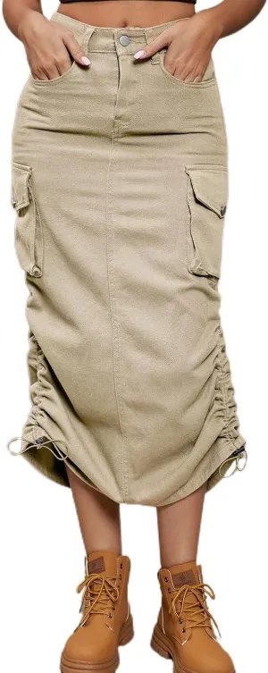 Lu's Chic Women's Long Skirt Pleated Elastic Waist Tea Length Jean Drawstring Casual Pocket Cargo Mid Rise
