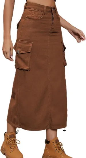 Lu's Chic Women's Long Skirt Pleated Elastic Waist Tea Length Jean Drawstring Casual Pocket Cargo Mid Rise