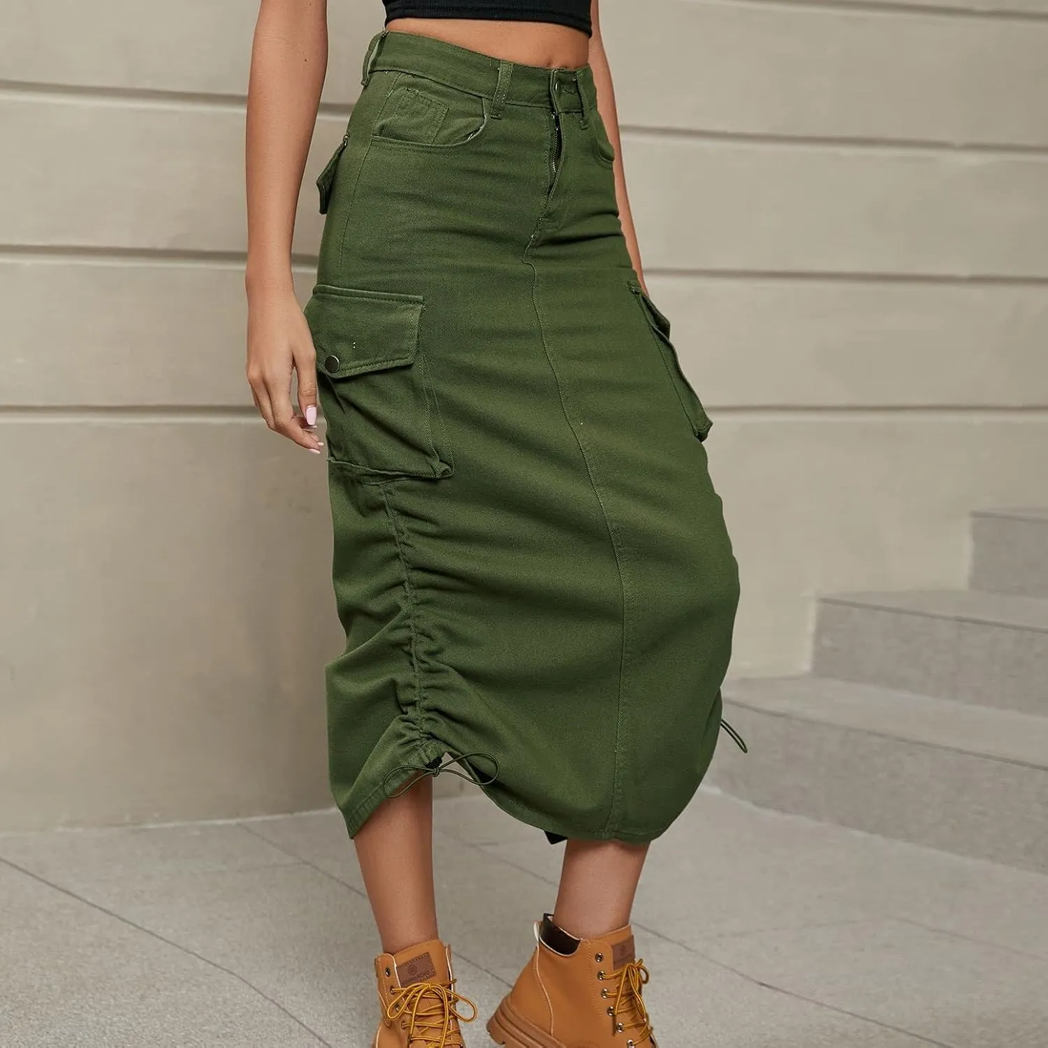 Lu's Chic Women's Long Skirt Pleated Elastic Waist Tea Length Jean Drawstring Casual Pocket Cargo Mid Rise