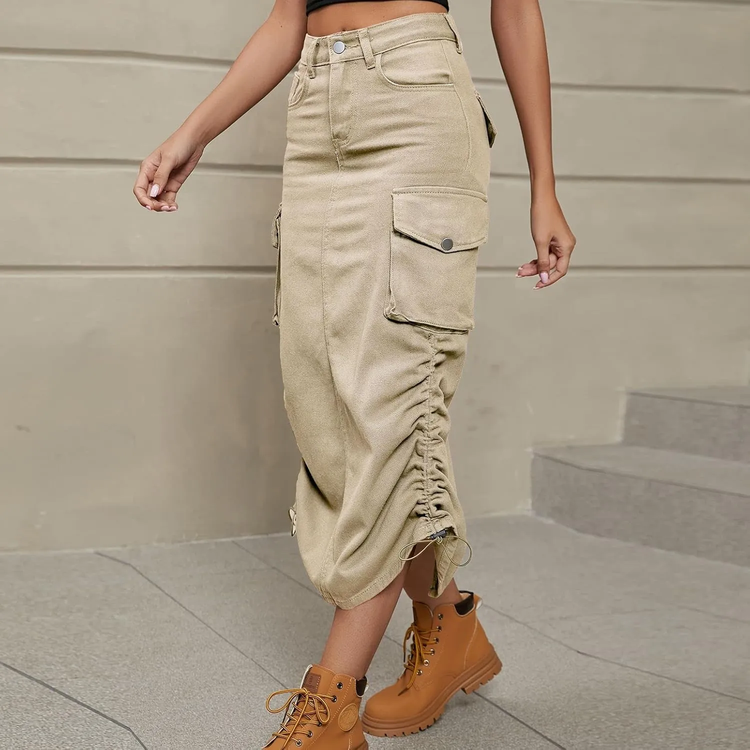 Lu's Chic Women's Long Skirt Pleated Elastic Waist Tea Length Jean Drawstring Casual Pocket Cargo Mid Rise