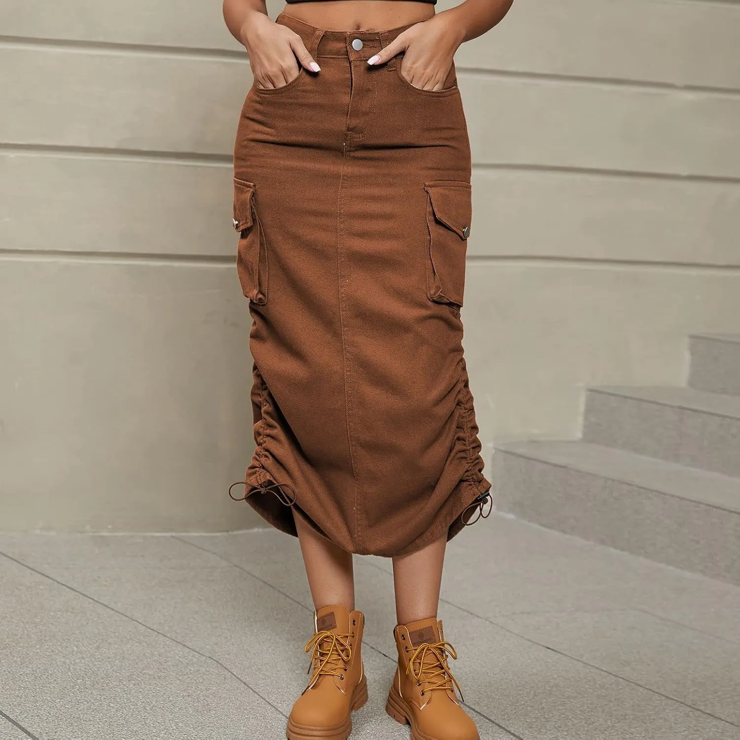 Lu's Chic Women's Long Skirt Pleated Elastic Waist Tea Length Jean Drawstring Casual Pocket Cargo Mid Rise