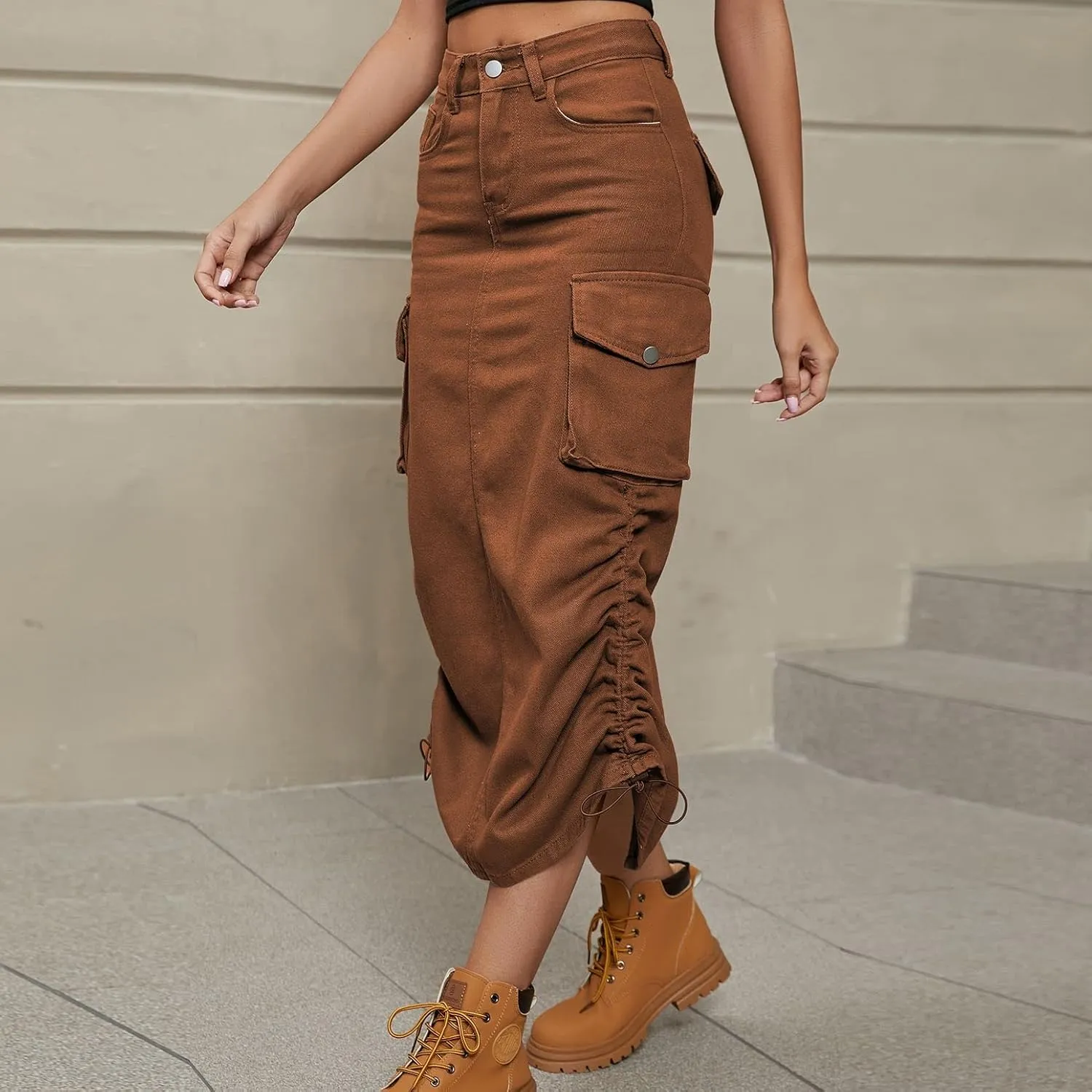 Lu's Chic Women's Long Skirt Pleated Elastic Waist Tea Length Jean Drawstring Casual Pocket Cargo Mid Rise