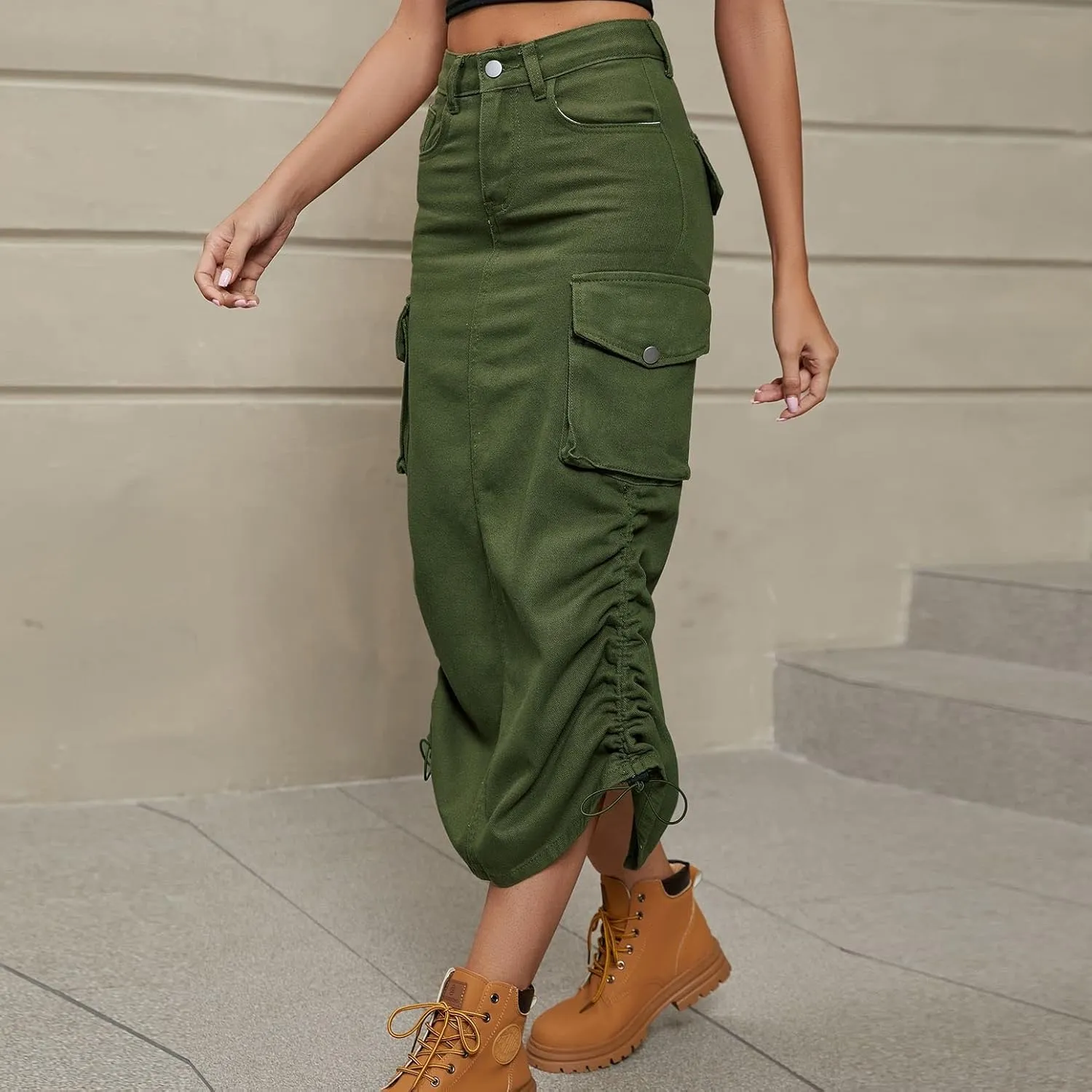 Lu's Chic Women's Long Skirt Pleated Elastic Waist Tea Length Jean Drawstring Casual Pocket Cargo Mid Rise