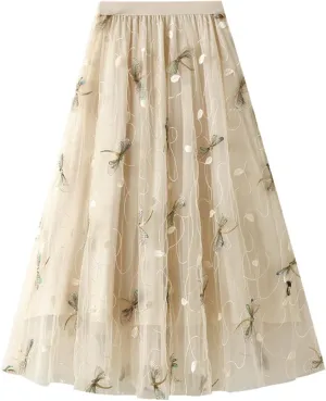 Lu's Chic Women's Tulle Skirt Midi Tutu Skirts High Waisted Printed Elastic Waist A-line