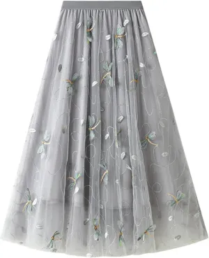 Lu's Chic Women's Tulle Skirt Midi Tutu Skirts High Waisted Printed Elastic Waist A-line