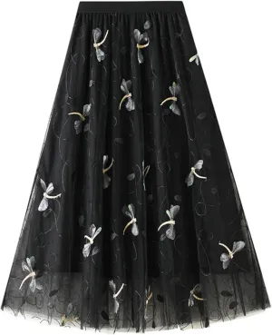 Lu's Chic Women's Tulle Skirt Midi Tutu Skirts High Waisted Printed Elastic Waist A-line