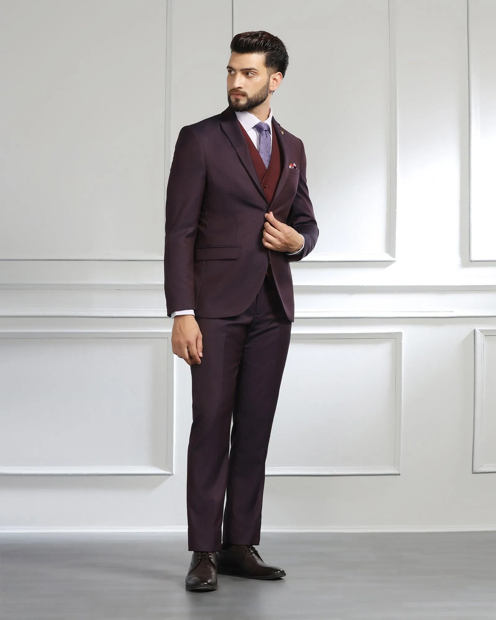 Luxe Three Piece Wine Textured Formal Suit - Cocktail