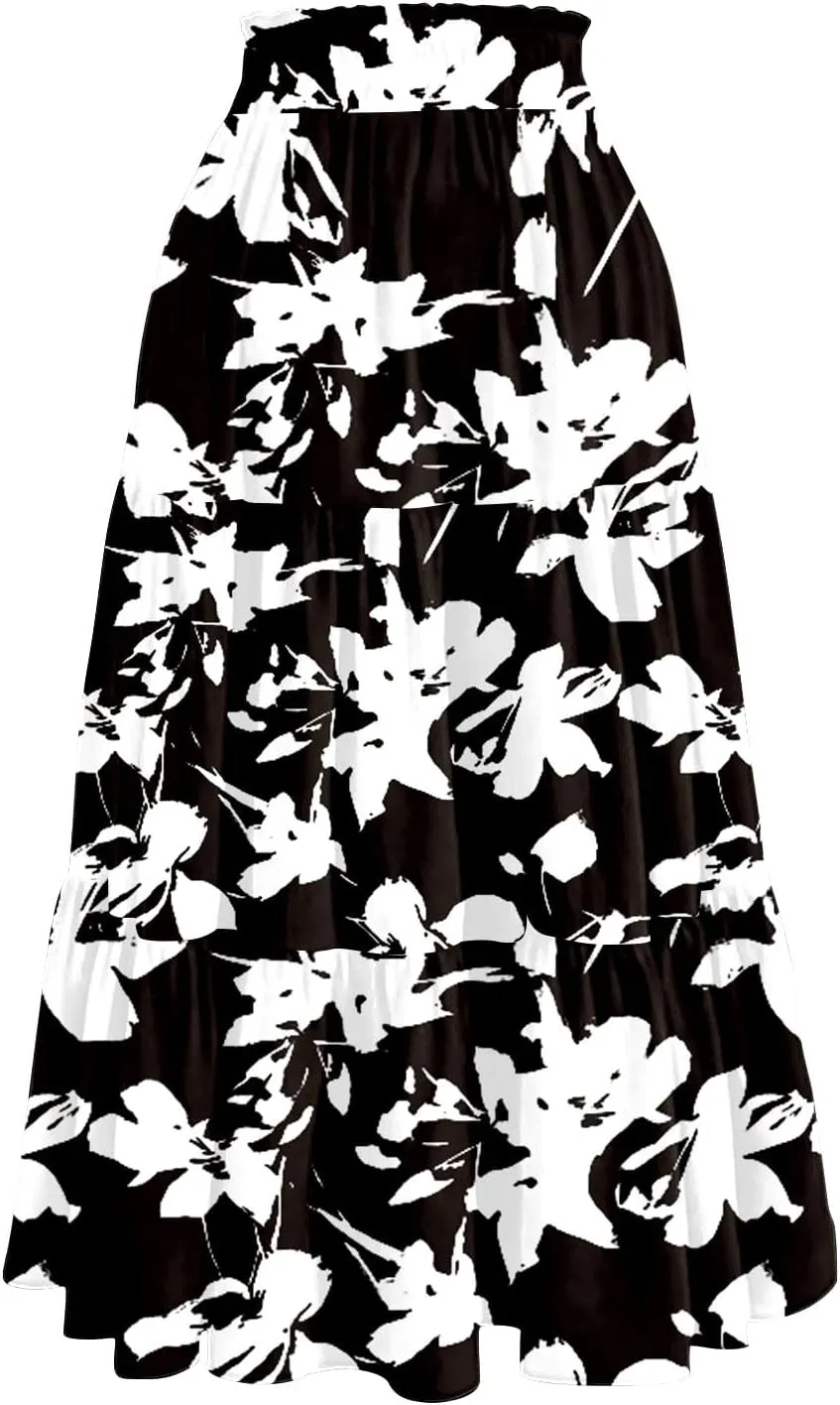 Maxi Skirts for Women Summer Drawstring High Waisted Floral Long Skirts Trendy Ruffle Tiered Cute Midi Skirt with Pockets