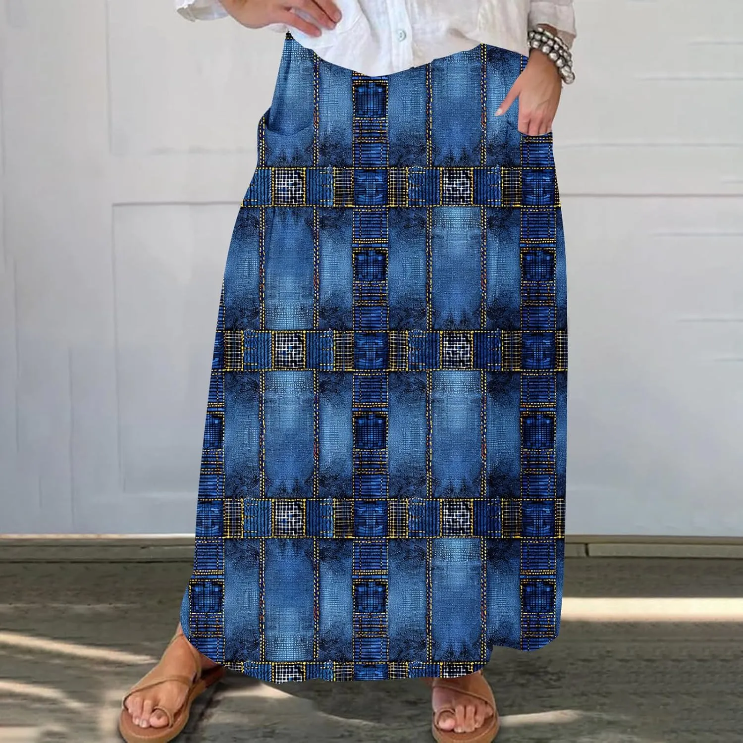 Maxi Skirts for Womens High Waist Boho Casual Elastic Skirt Beach Vacation Summer Trendy Long Skirts with Pockets