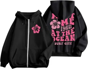 Meet Me at The Ocean Hoodies for Women Casual Letter Graphic Zip Up Hoodie with Pockets Drawstring Y2K Hooded Sweatshirts