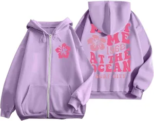 Meet Me at The Ocean Hoodies for Women Casual Letter Graphic Zip Up Hoodie with Pockets Drawstring Y2K Hooded Sweatshirts