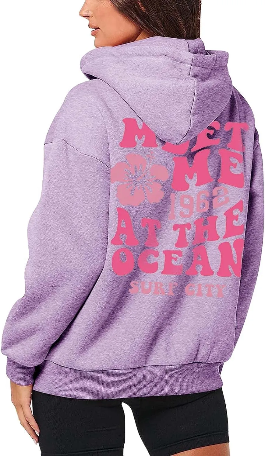 Meet Me at The Ocean Hoodies for Women Casual Letter Graphic Zip Up Hoodie with Pockets Drawstring Y2K Hooded Sweatshirts