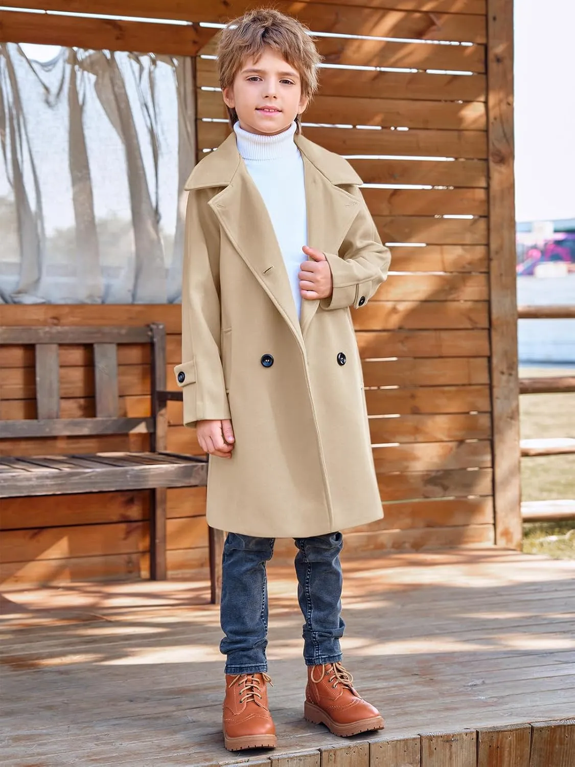 Meikulo Boys Double Breasted Pea Coat Kids Winter Notched Collar Overcoat 5-14 Years