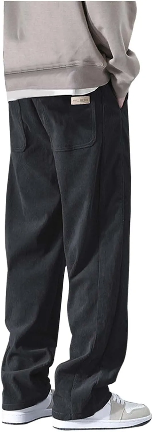 Mens Corduroy Pants Big and Tall Relaxed Fit Straight Wide Leg Pants Plus Size Comfy Spring Joggers Casual Hiking Pants