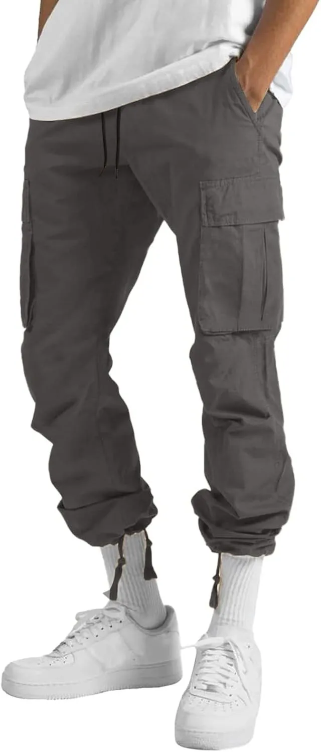 Mens Drawstring Cargo Pants Casual Stretch Waist Sweatpants Running Athletic Tactical Trousers Hiking Pants with Pockets