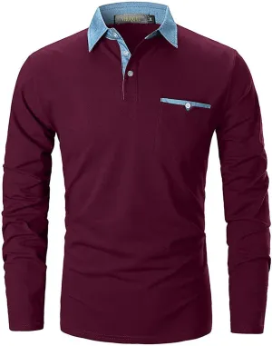 Mens Long Sleeve Polo Shirt Basic Slim Fit Long Sleeve Polo Men's Cotton Polo Shirts with Pocket Golf Shirts Men