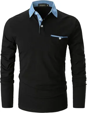 Mens Long Sleeve Polo Shirt Basic Slim Fit Long Sleeve Polo Men's Cotton Polo Shirts with Pocket Golf Shirts Men