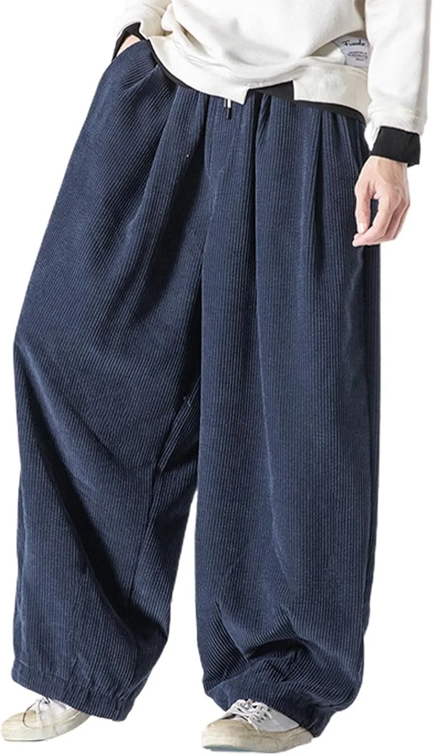 Men's Retro Corduroy Pants Elastic Waist Drawstring Baggy Harem Pants Stretch Fit Plus Size Bloomers Slacks with Pockets