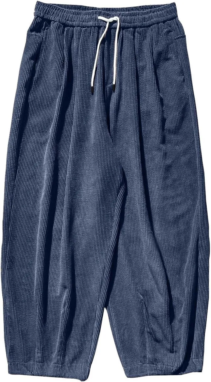 Men's Retro Corduroy Pants Elastic Waist Drawstring Baggy Harem Pants Stretch Fit Plus Size Bloomers Slacks with Pockets