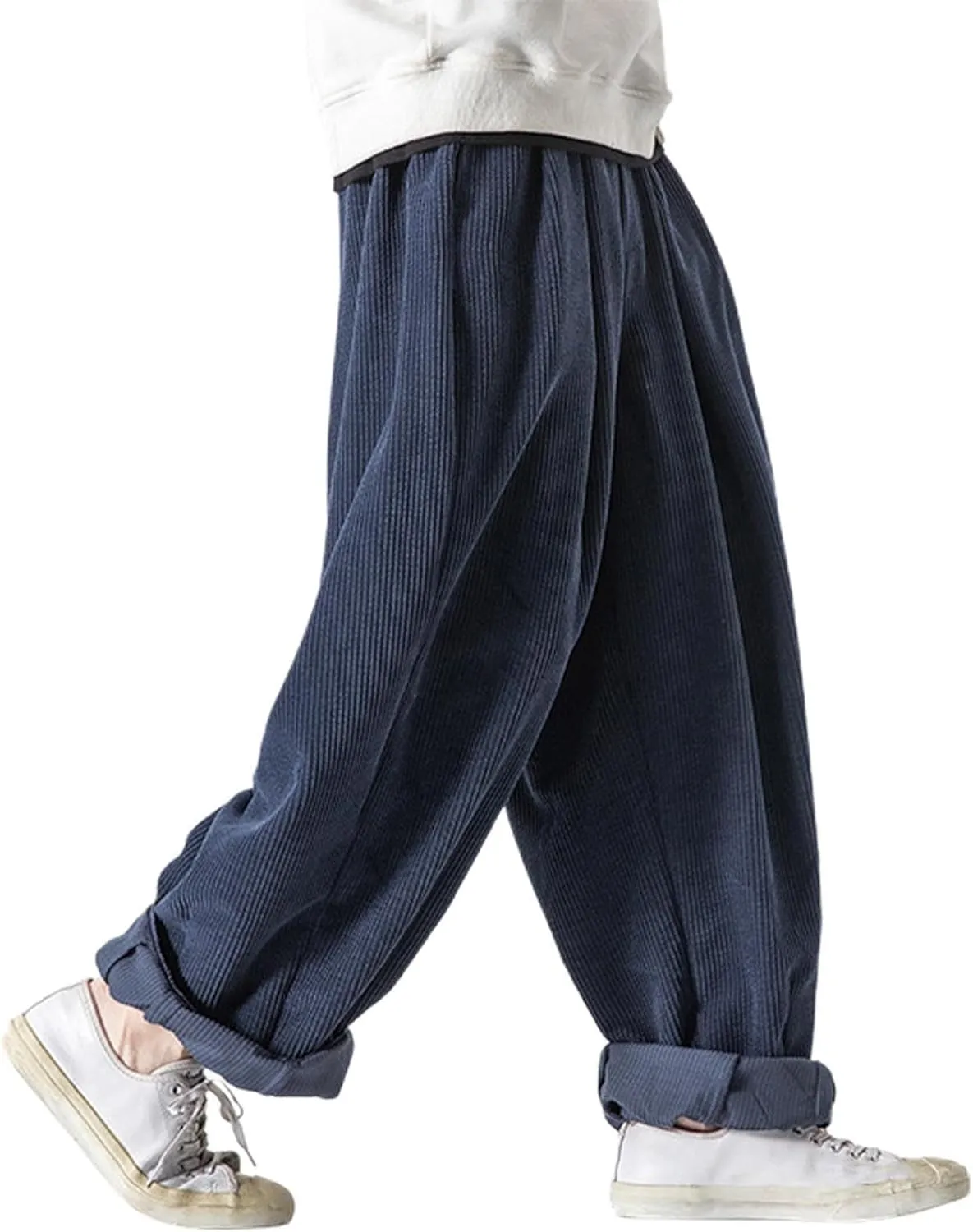 Men's Retro Corduroy Pants Elastic Waist Drawstring Baggy Harem Pants Stretch Fit Plus Size Bloomers Slacks with Pockets