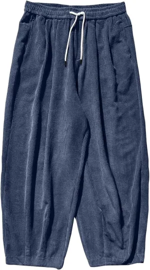 Men's Retro Corduroy Pants Elastic Waist Drawstring Baggy Harem Pants Stretch Fit Plus Size Bloomers Slacks with Pockets