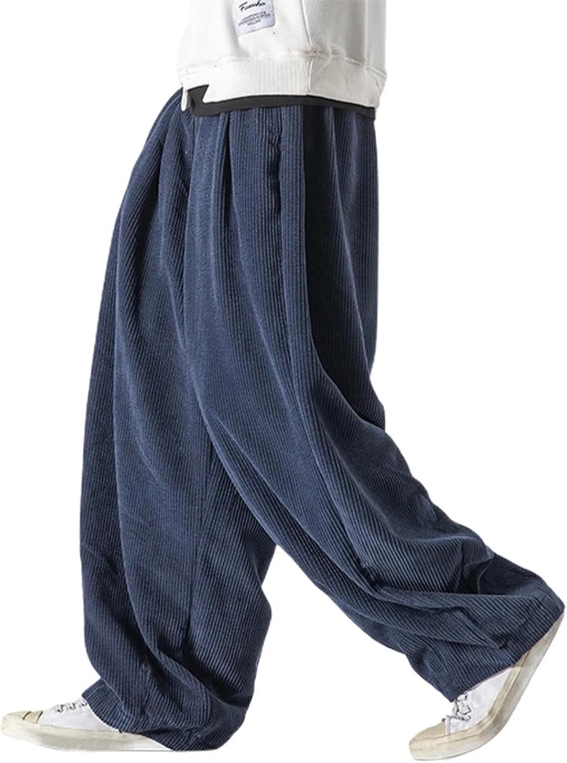 Men's Retro Corduroy Pants Elastic Waist Drawstring Baggy Harem Pants Stretch Fit Plus Size Bloomers Slacks with Pockets