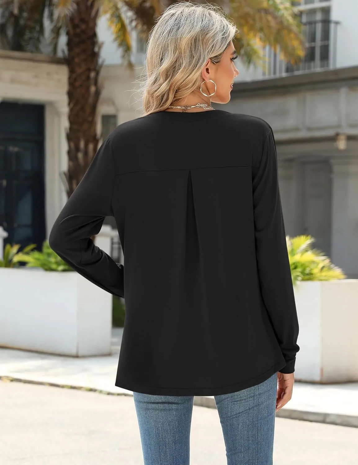 Micoson Womens Tops Dressy Casual Long Sleeve Business Shirts V Neck Pleated Work Blouses Loose Fit Fall Trendy Knit Top